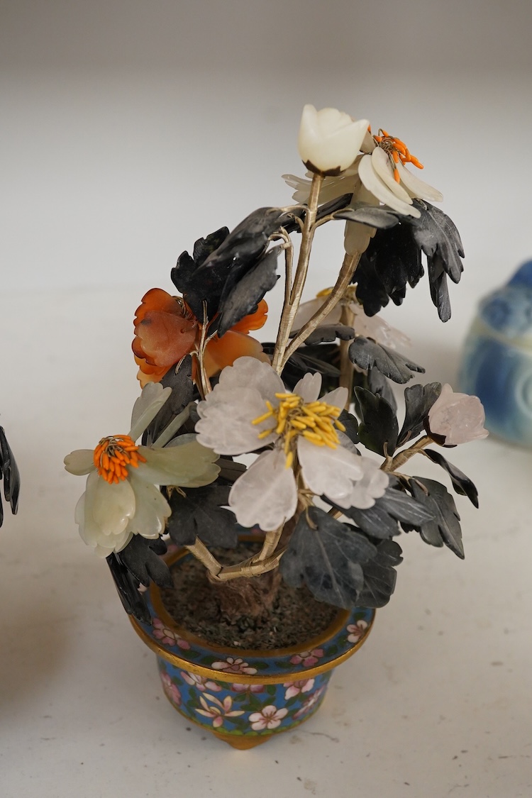 A pair of Chinese cloisonné hardstone trees, 21cm high